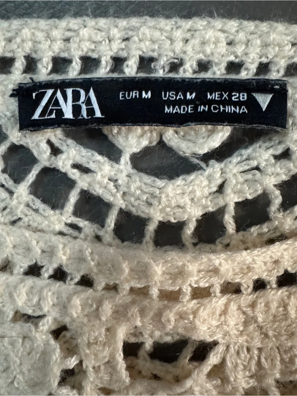 Zara Cream Crochet Lace Long Sleeve Crop Top Black Trim Boho Festival Sheer M